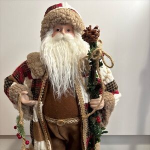 Santa Figurine 20" Rustic Woodland Style Plaid Coat Staff & Bag - VGUC